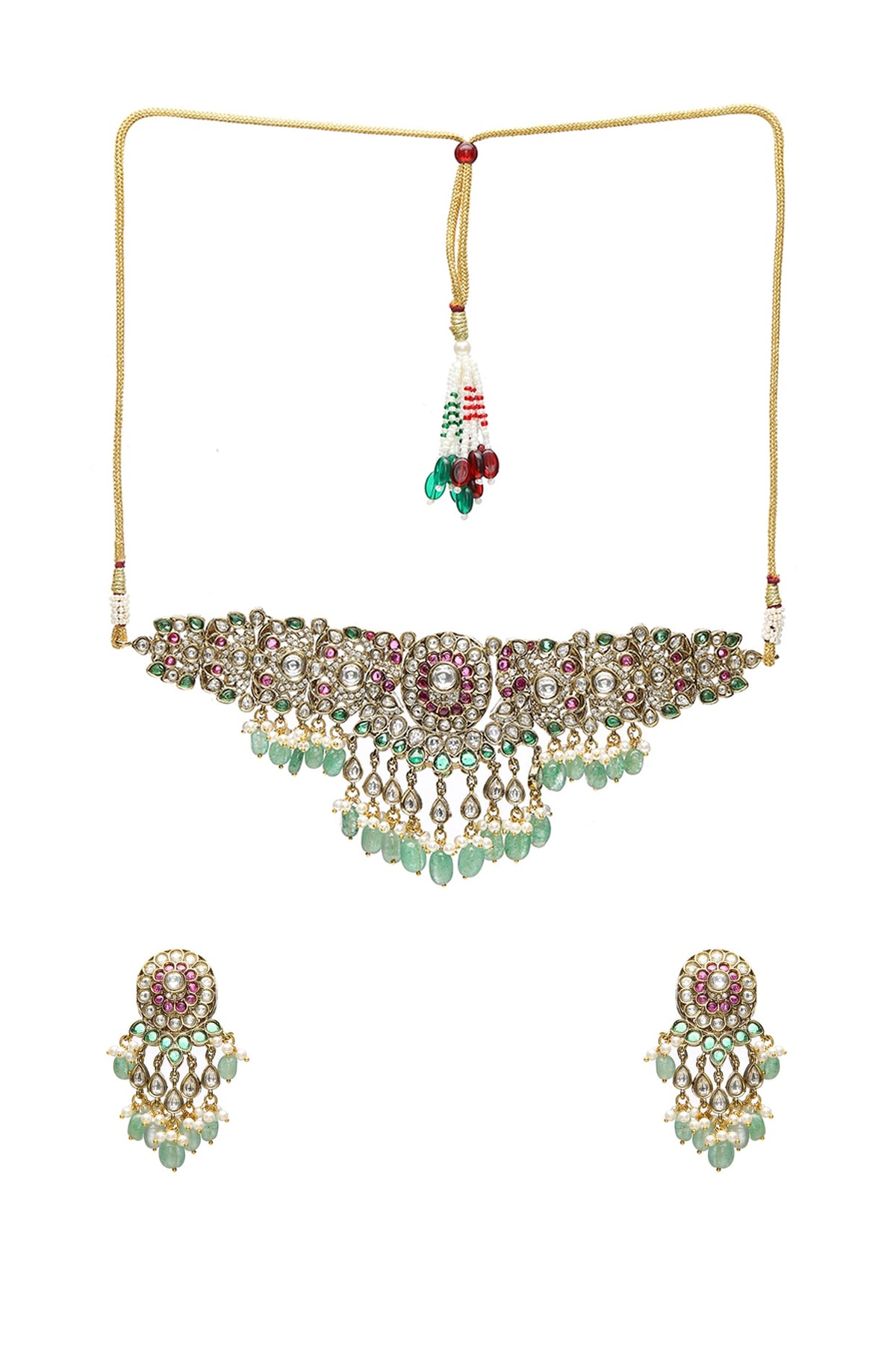 Gold Finish Kundan Polki & Emerald Choker Necklace Set
