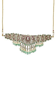 Gold Finish Kundan Polki & Emerald Choker Necklace Set