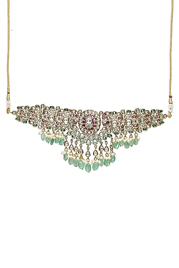 Gold Finish Kundan Polki & Emerald Choker Necklace Set
