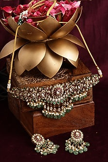 Gold Finish Kundan Polki & Emerald Choker Necklace Set