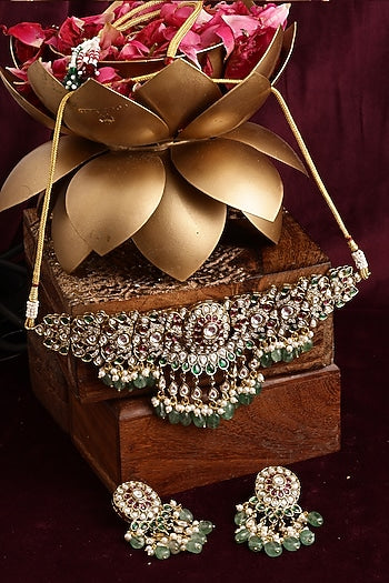 Gold Finish Kundan Polki & Emerald Choker Necklace Set