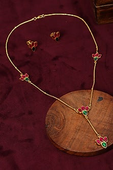 Gold Finish Pachi Kundan Polki Necklace Set
