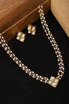 Gold Finish Kundan Polki & Pearl String Necklace Set
