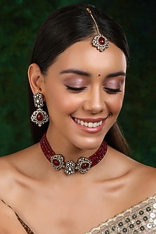 Gold Finish Maroon Stone & Kundan Polki Choker Necklace Set