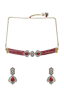 Gold Finish Maroon Stone & Kundan Polki Choker Necklace Set