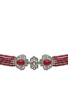 Gold Finish Maroon Stone & Kundan Polki Choker Necklace Set