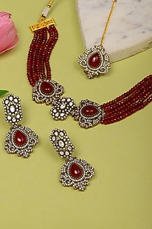 Gold Finish Maroon Stone & Kundan Polki Choker Necklace Set