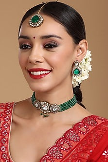 Gold Finish Emerald Stone & Kundan Polki Choker Necklace Set