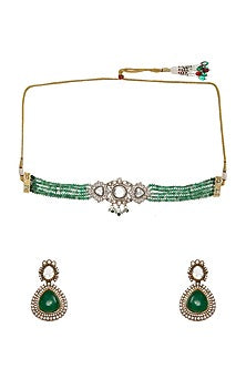 Gold Finish Emerald Stone & Kundan Polki Choker Necklace Set