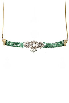 Gold Finish Emerald Stone & Kundan Polki Choker Necklace Set