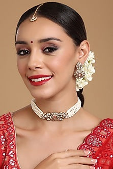 Gold Finish Kundan Polki & Pearl Choker Necklace Set