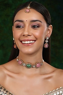Gold Finish Multi-Colored Stone & Kundan Polki Choker Necklace Set