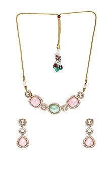 Gold Finish Multi-Colored Stone & Kundan Polki Choker Necklace Set