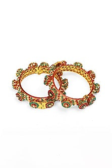 Gold Finish Multi-Colored Kundan Polki Bangles (Set Of 2)