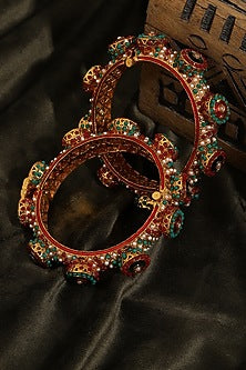 Gold Finish Multi-Colored Kundan Polki Bangles (Set Of 2)