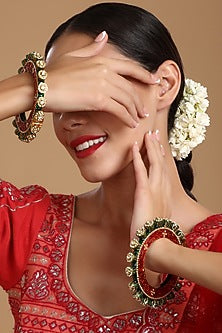 Gold Finish Multi-Colored Kundan Polki Bangles (Set Of 2)