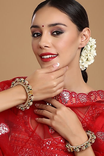 Gold Finish Multi-Colored Kundan Polki Bangles (Set Of 2)