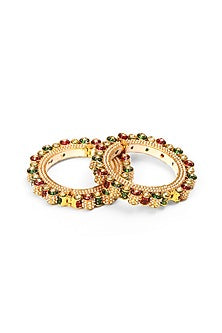 Gold Finish Multi-Colored Kundan Polki Bangles (Set Of 2)