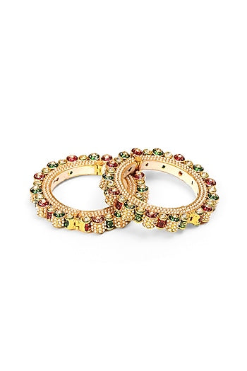 Gold Finish Multi-Colored Kundan Polki Bangles (Set Of 2)