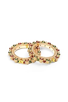Gold Finish Multi-Colored Kundan Polki Bangles (Set Of 2)
