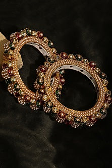 Gold Finish Multi-Colored Kundan Polki Bangles (Set Of 2)