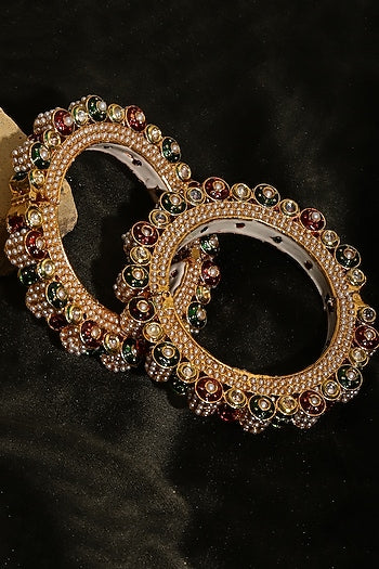 Gold Finish Multi-Colored Kundan Polki Bangles (Set Of 2)