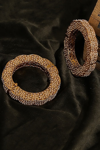 Gold Finish White Kundan Polki Bangles (Set Of 2)