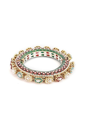 Gold Finish Multi-Colored Kundan Polki Bangles (Set Of 2)