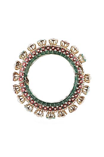 Gold Finish Multi-Colored Kundan Polki Bangles (Set Of 2)