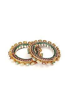Gold Finish Multi-Colored Kundan Polki Bangles (Set Of 2)