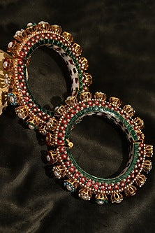 Gold Finish Multi-Colored Kundan Polki Bangles (Set Of 2)