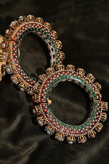 Gold Finish Multi-Colored Kundan Polki Bangles (Set Of 2)
