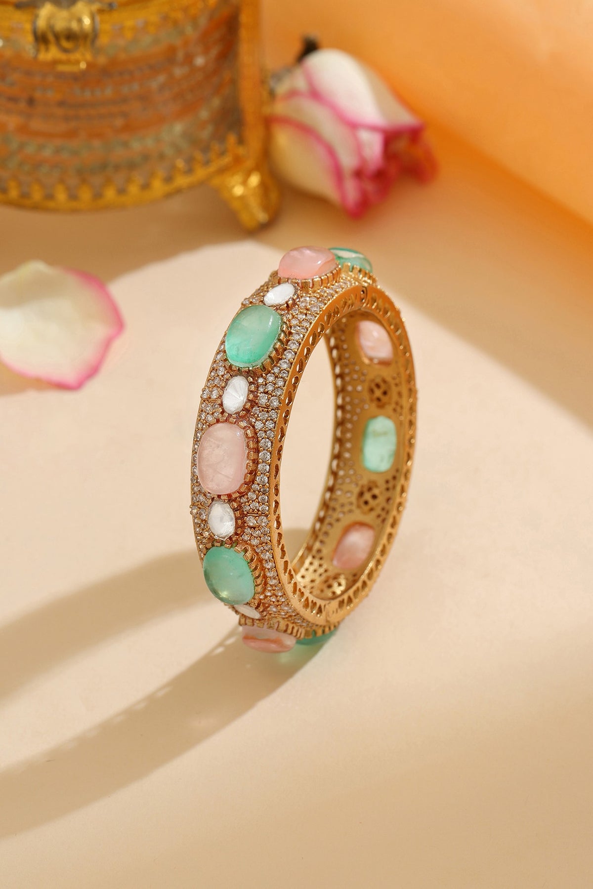 Gold Finish Multi-Colored Kundan Polki & Semi-Precious Stone Bracelet