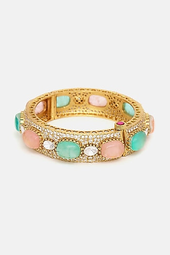 Gold Finish Multi-Colored Kundan Polki & Semi-Precious Stone Bracelet