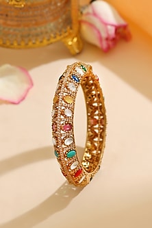 Gold Finish Multi-Colored Kundan Polki & Semi-Precious Stone Bracelet