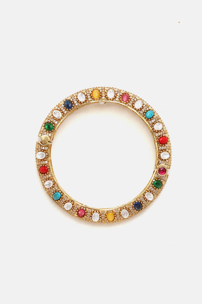 Gold Finish Multi-Colored Kundan Polki & Semi-Precious Stone Bracelet