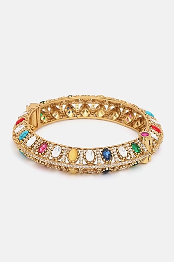 Gold Finish Multi-Colored Kundan Polki & Semi-Precious Stone Bracelet