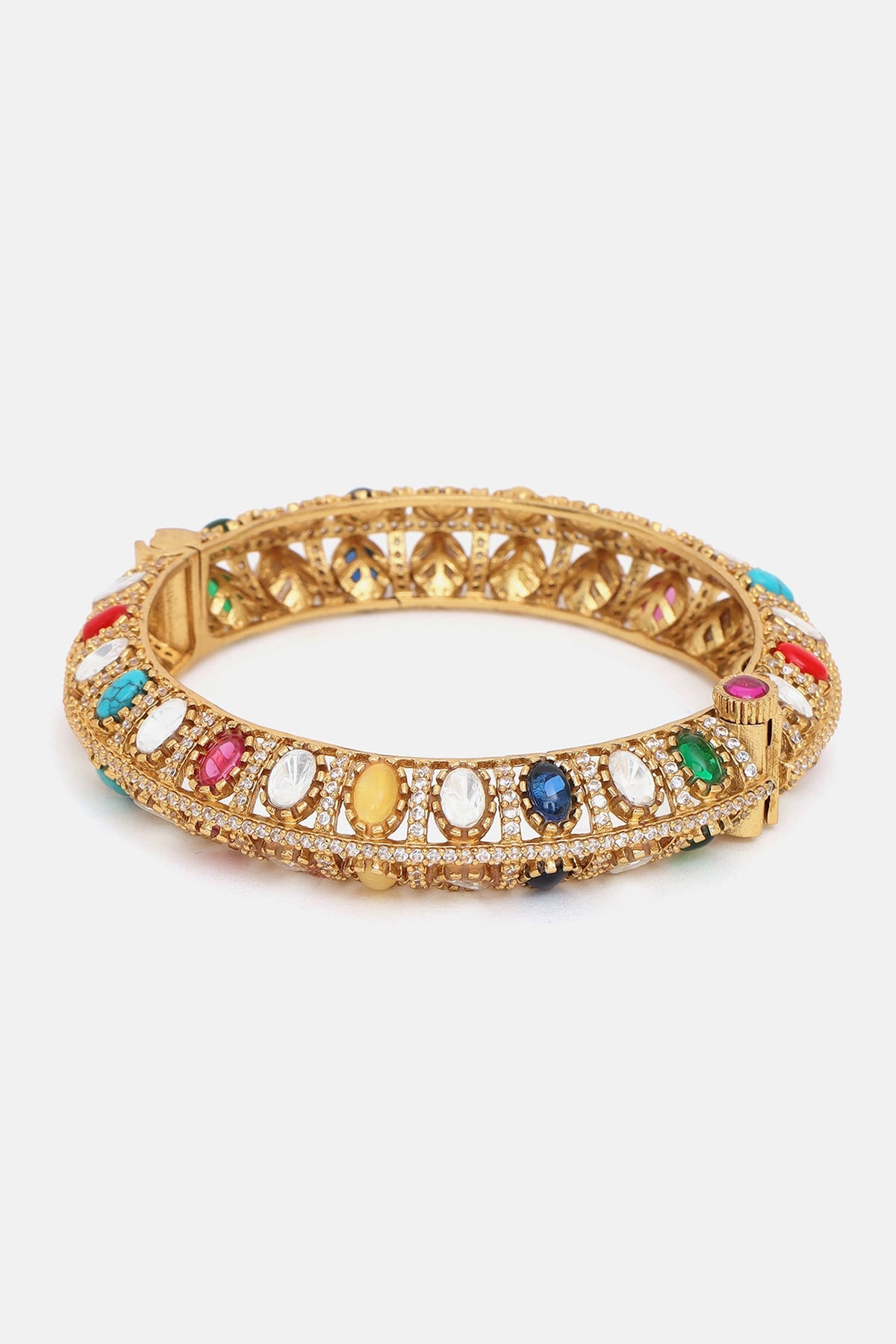 Gold Finish Multi-Colored Kundan Polki & Semi-Precious Stone Bracelet