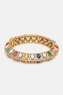 Gold Finish Multi-Colored Kundan Polki & Semi-Precious Stone Bracelet