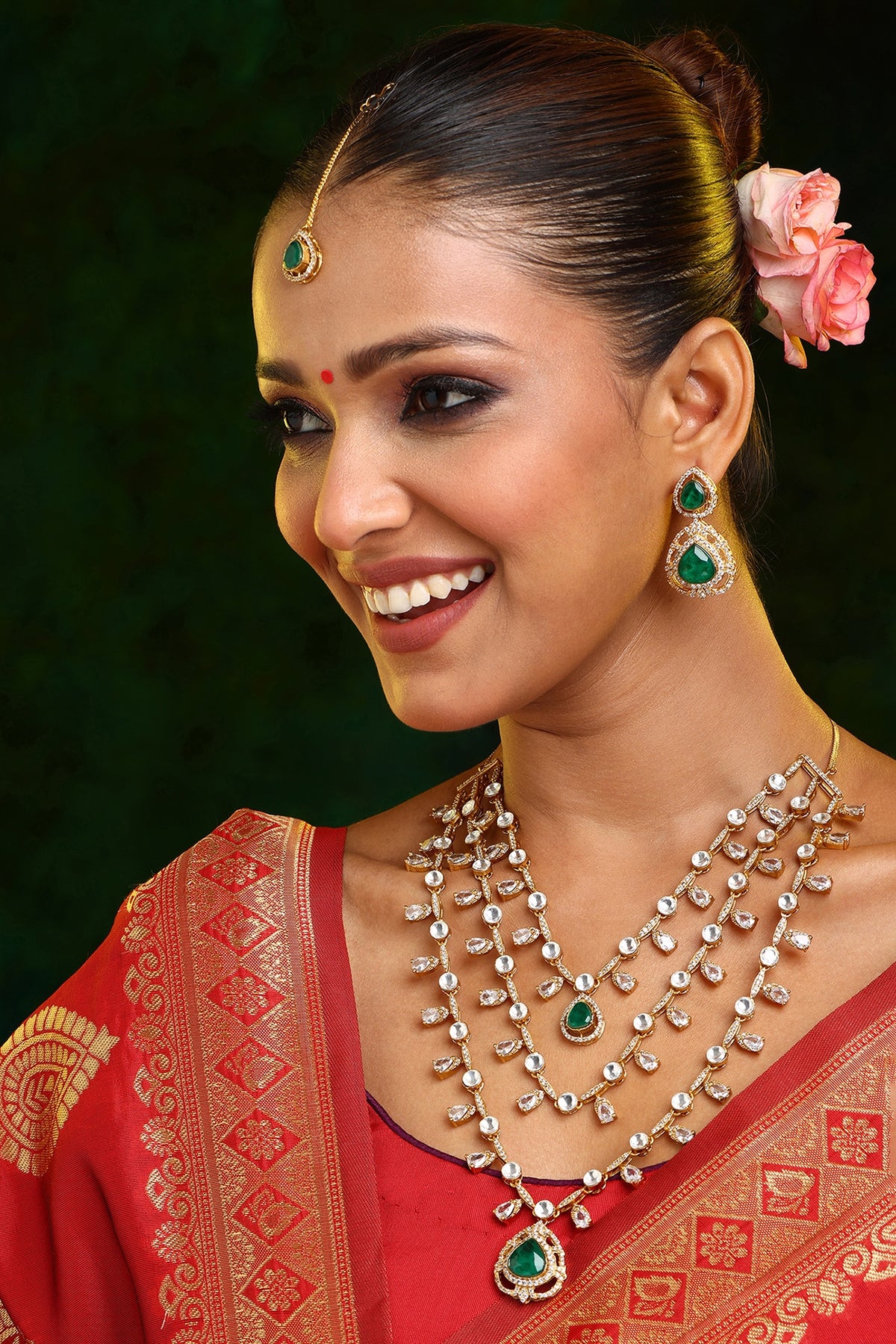 Gold Finish Moissanite & Emerald Stone Layered Necklace Set