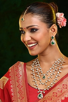 Gold Finish Moissanite & Emerald Stone Layered Necklace Set