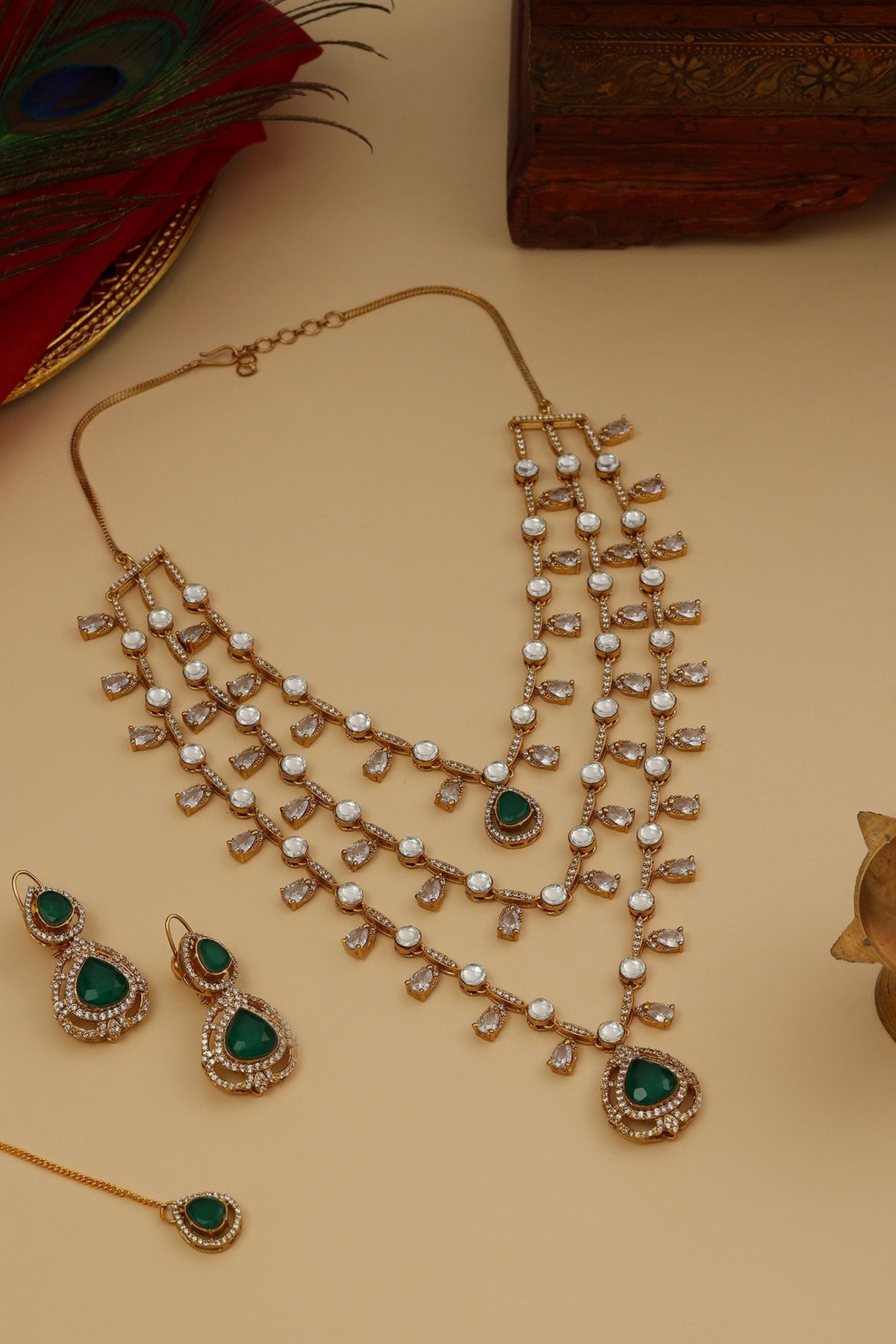 Gold Finish Moissanite & Emerald Stone Layered Necklace Set