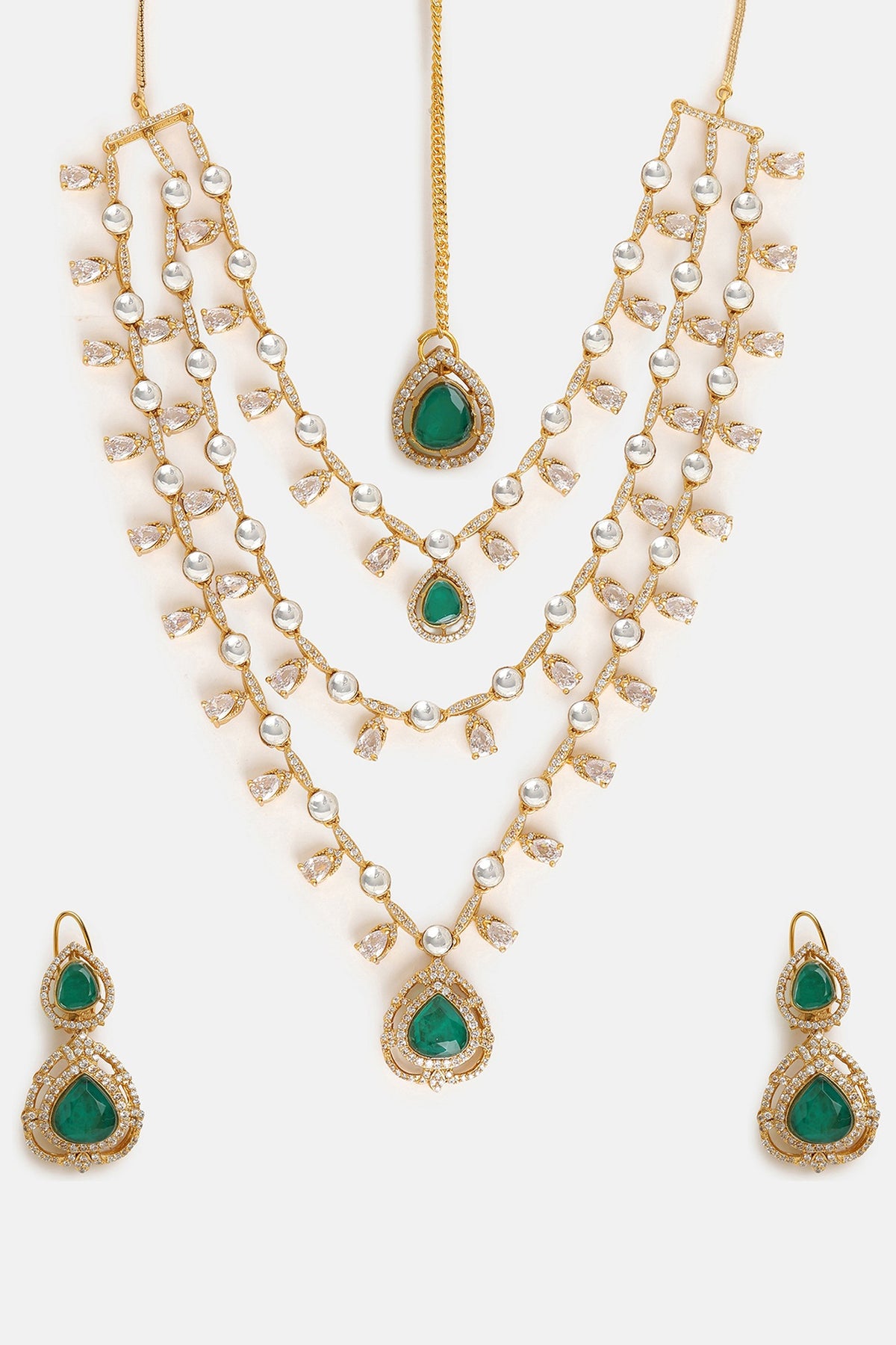 Gold Finish Moissanite & Emerald Stone Layered Necklace Set