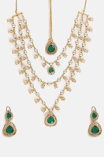 Gold Finish Moissanite & Emerald Stone Layered Necklace Set