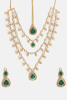 Gold Finish Moissanite & Emerald Stone Layered Necklace Set