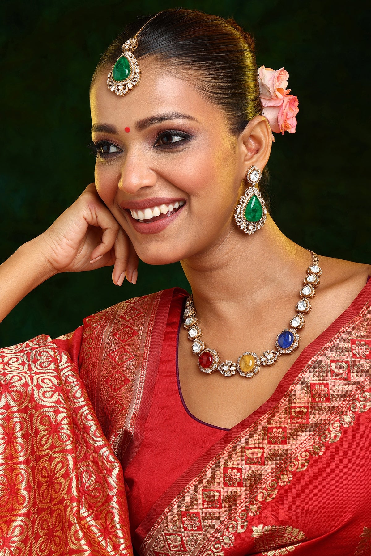 Gold Finish Moissanite & Multi-colored Semi-Precious Stone Necklace Set