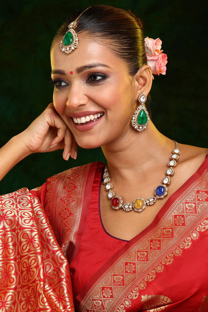 Gold Finish Moissanite & Multi-colored Semi-Precious Stone Necklace Set