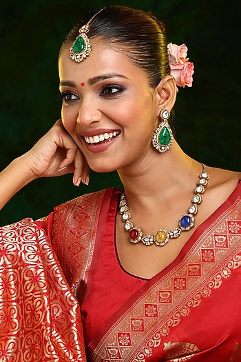 Gold Finish Moissanite & Multi-colored Semi-Precious Stone Necklace Set