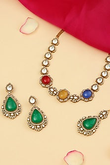 Gold Finish Moissanite & Multi-colored Semi-Precious Stone Necklace Set