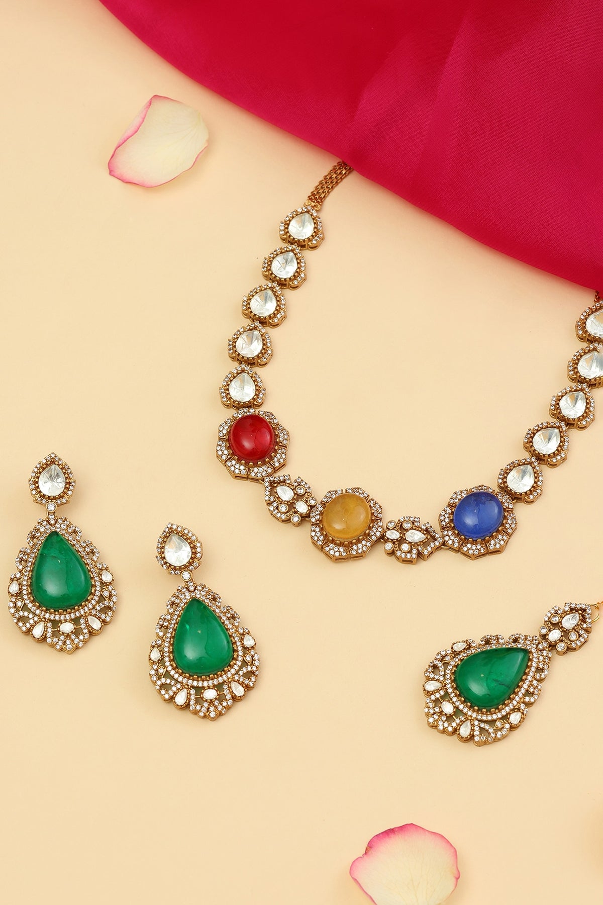 Gold Finish Moissanite & Multi-colored Semi-Precious Stone Necklace Set